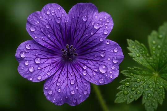 Amidst the tranquil embrace of nature, a solitary purple flower stands out with its delicate water droplets, symbolizing purity and serenity