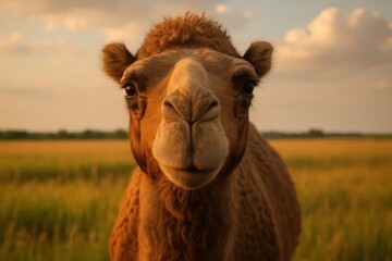 Obraz premium A camel stands in quiet contemplation against a golden field under the vast blue sky