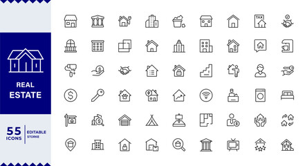 Real Estate outline icons with editable stroke collection. Includes House, Villa, Mortgage, Realtor, Amenities,Editable stroke. Vector illustration