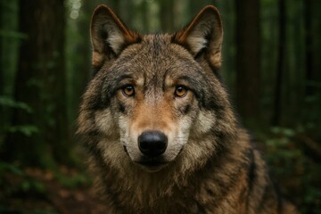 Naklejka premium A solitary wolf gazes into the heart of the forest, embodying the wild spirit of nature