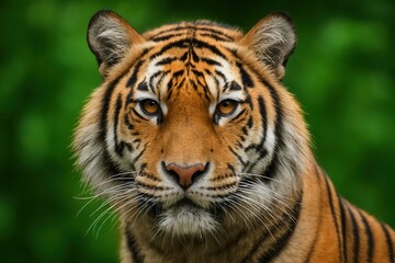 Naklejka premium A majestic tiger gazes into the lens with a serene expression against a verdant backdrop