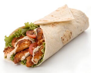 Whole harissa chicken wrap served fresh with vegetables on white background