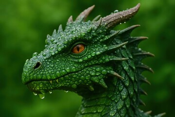 Fototapeta premium A serene green dragon gazes into the distance, its scales shimmering with moisture droplets, embodying the mystical allure of mythical creatures