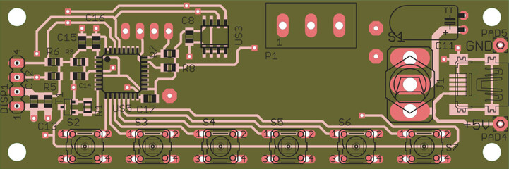Vector printed circuit board of electronic 
device with components of radio elements, 
conductors and contact pads placed on pcb. 
Engineering technical drawing. Computer technic cad design.