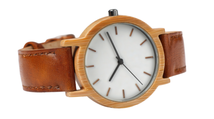 Bamboo watch with leather strap background isolated on a Transparent background, PNG file.