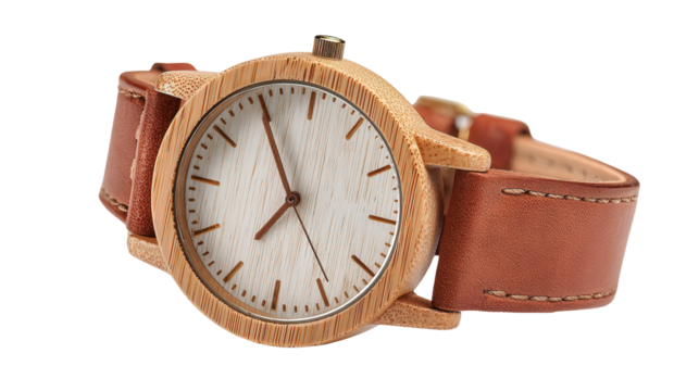 Bamboo watch with leather strap background isolated on a Transparent background, PNG file.