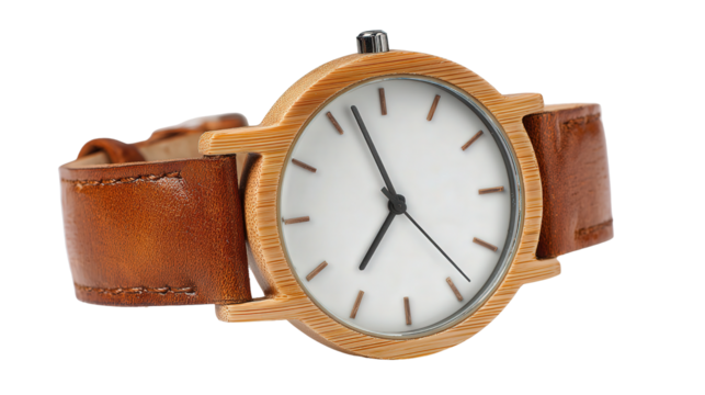 Bamboo watch with leather strap background isolated on a Transparent background, PNG file.