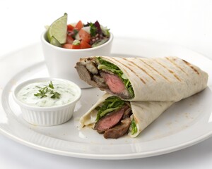 Lamb wrap portion served with dipping sauce on white plate and plain background