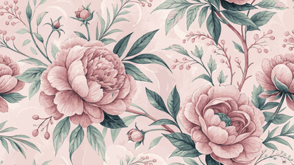 Vector illustration seamless pattern. Watercolor painting peony flowers. Pink background for printing on fabric or wallpaper.