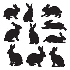 Collection of black rabbit silhouettes in various poses isolated on white background silhouette
