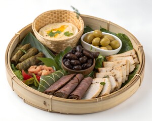 Rustic display of Mediterranean lamb wraps and sides in winnowing basket isolated