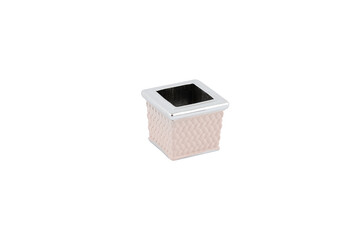 Modern square ceramic pot with textured pattern and chrome rim isolated on transparent background