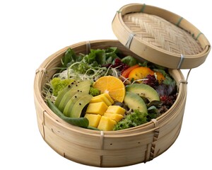 Mixed mango avocado salad and fruit display in rustic basket on white background