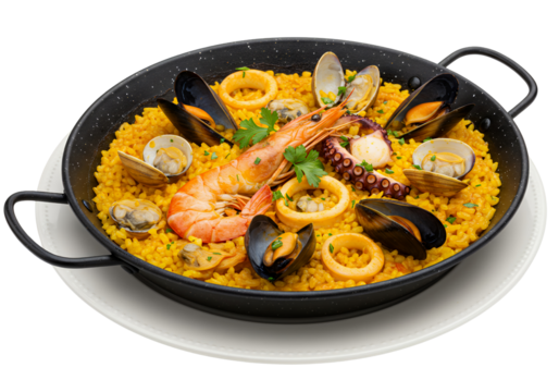 A rustic black metal paella pan filled with vibrant seafood paella, white background isolated - Powered by Adobe