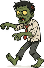 Cartoon zombie illustration, green undead monster, spooky Halloween character, walking pose, torn clothes, red tie, isolated on white background