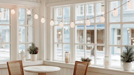 Fototapeta premium string of white round twinkling lights hanging in a cafe