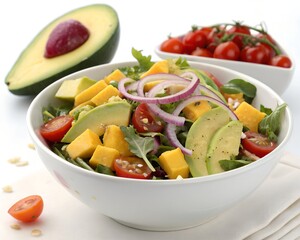 Fresh mango avocado salad in ceramic bowl with greens on white background