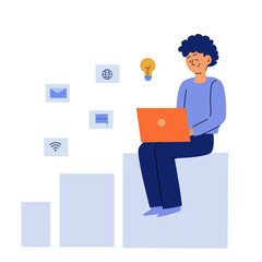 Person employee promotes idea through social networks and messages, internet, launching business. Illustration of young male businessman sitting on profit chart and developing promotion.