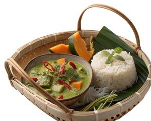 Traditional Thai basket filled with green curry and assorted rustic foods white background