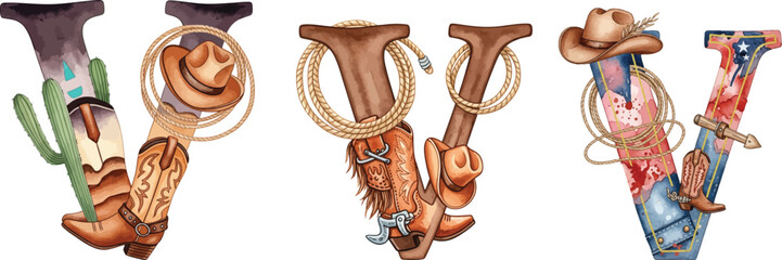 Watercolor Western Alphabet Letters V, Cowboy Themed Illustration Set.