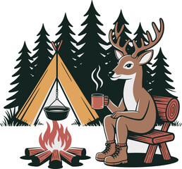 Camping Deer Cozy Campfire, Forest Retreat, Adventure Illustration