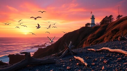 A scenic view of a lighthouse on a cliff at sunset with birds flying over the ocean and rocky beach