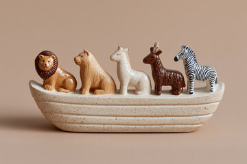 miniature plastic toy boat with a lion, zebra, and other animals