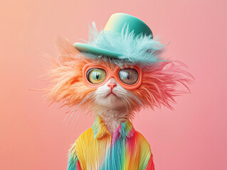 Stylish Cat in Colorful Outfit Wearing Glasses and Trendy Hat
