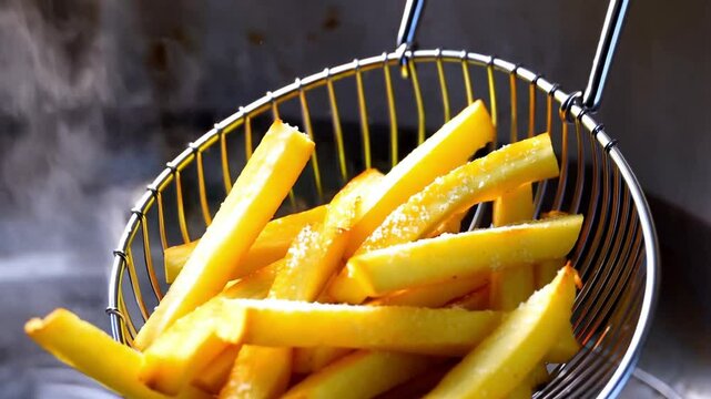Golden French fries fresh from fryer basket &ndash; crispy fast food video