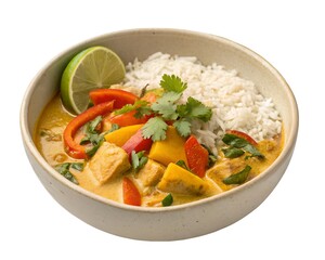 Coconut curry bowl with vegetables and rice served in white background setting