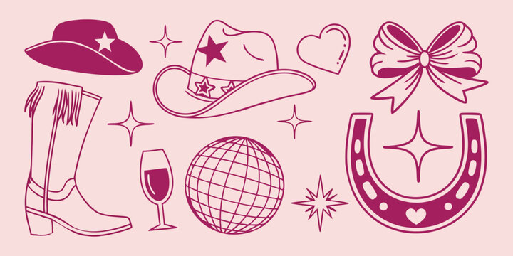 Set of Pink Cowgirl Disco vector elements. Hand drawn line art party icons including hat, boots, disco ball, horseshoe, cocktail for girly design, print, social media, and stickers.