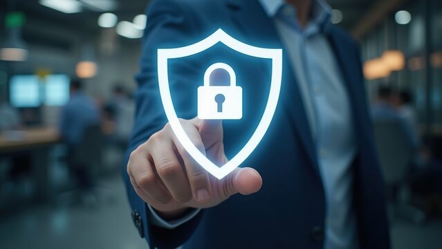 Cybersecurity Shield with Lock Icon in Business Environment