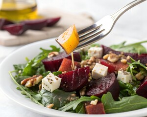 Close up bite of roasted beet salad with cheese and greens on white background