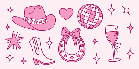 Pink Cowgirl Disco vector illustration set. Hand drawn Western and Party elements like hat, boots, disco ball, horseshoe, cocktail for design and print projects.