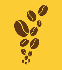 Obraz premium Stylized dark brown coffee beans scattered diagonally downward against bright mustard yellow background, creating a flowing, symmetrical pattern perfect for coffee-themed designs and packaging