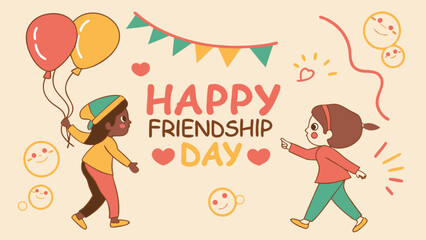 Happy friendship day celebration with friends balloons and decoration vector illustration design for greeting card
