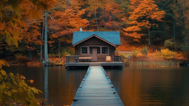 Serenity of a lakeside cabin surrounded by vibrant autumn foliage in early morning light - Powered by Adobe