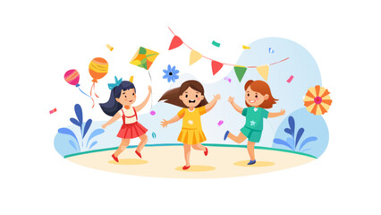 Children's party illustration with girls playing with kite balloons and decorations vector design