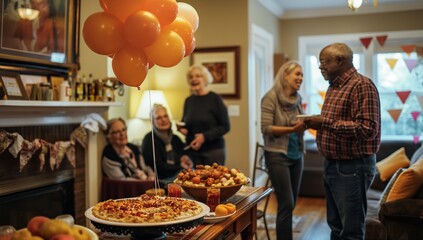 Cheerful Family Gathering with Autumn Decor and Festive Balloons