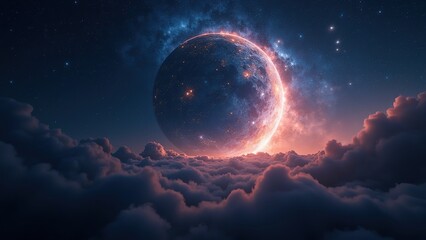 Stellar Night Sky with Cosmic Planet and Nebula Clouds