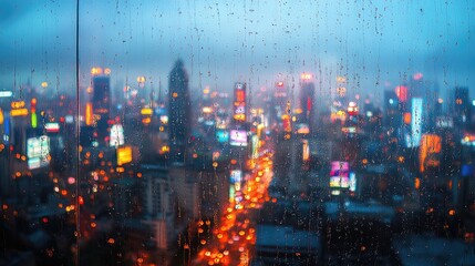 Rainy night cityscape viewed through a window.
