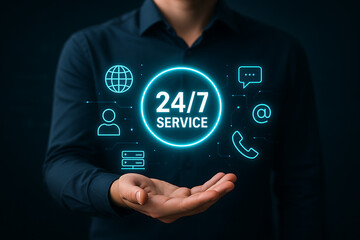 Businessman presenting 24/7 customer service  symbolizing always-on assistance, reliability, 24/7 services, always available, all time services, round-the-clock support, customer service, business 
