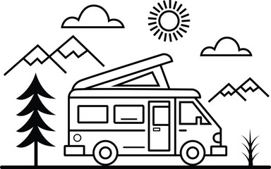 Line Art Camper Van with Mountain Landscape and Sun Vector Illustration