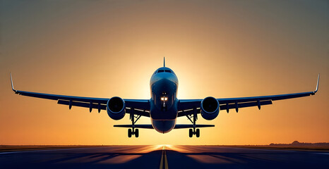 a plane taking off the runway with a beautiful sunrise