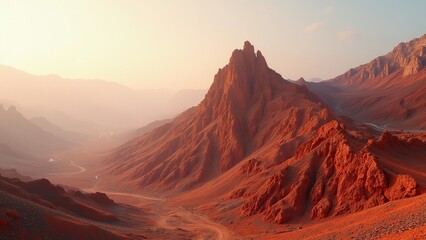 Naklejka premium Red Mountain Desert Landscape at Sunrise with Winding River Path