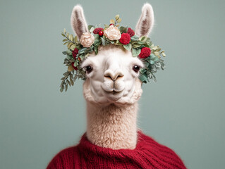 Llama Wearing Floral Crown Standing Against Green Backdrop