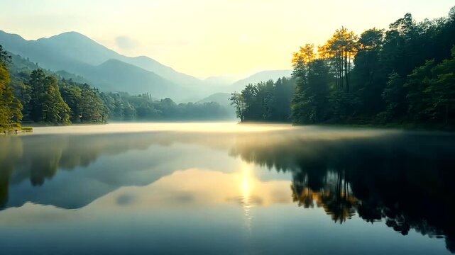 Serene Lake at Sunrise Reflecting Mountains and Forest: A Nature's Tranquility Shot
