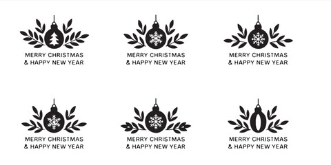 Six christmas and happy new year vector designs with ornaments and foliage in black and white