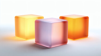 Fototapeta premium Three illuminated, translucent cubes of different colors on a white backdrop.