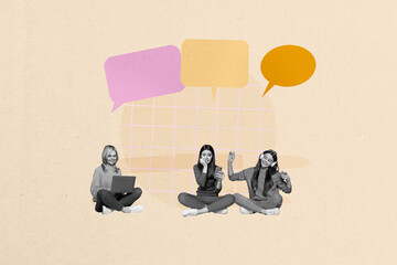 Image 3d poster artwork collage of happy girl guy stand bubble communication chatterbox speech...